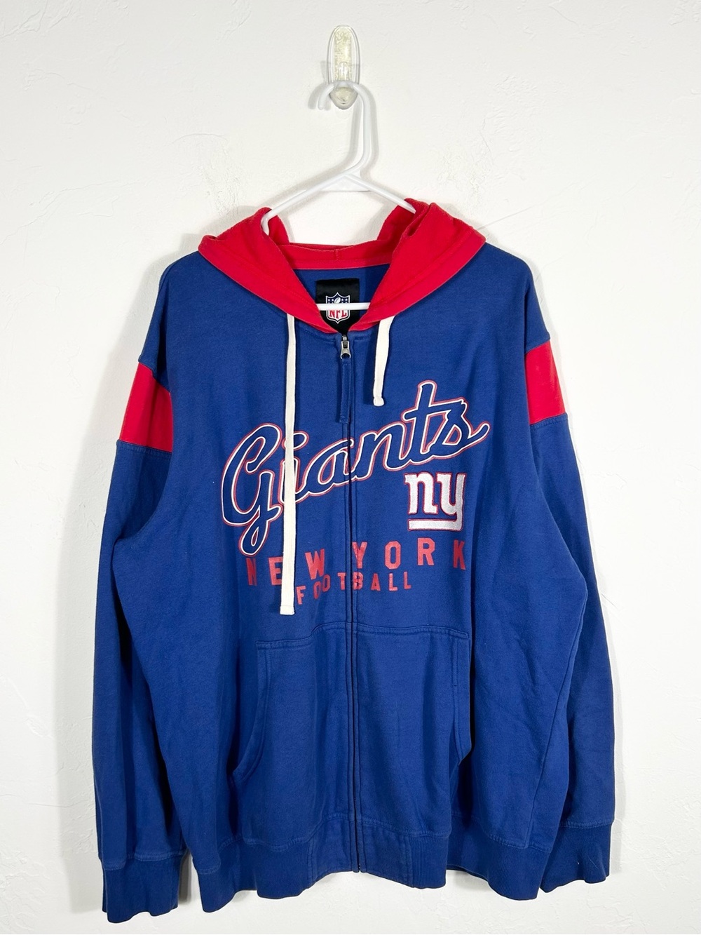 👁️ VTG Official NFL N.Y. Giants Full Zip Hoodie Sweatshirt Blue Red Spellout XL